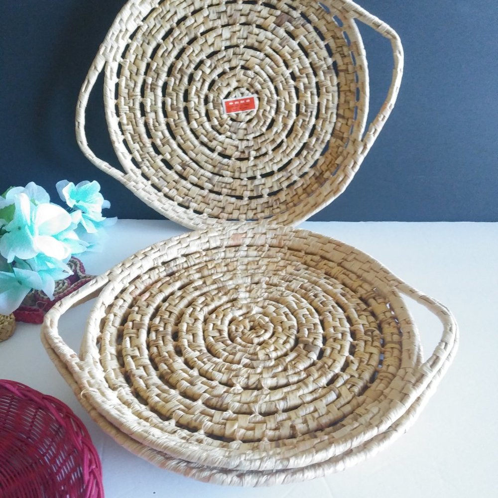 Set of 3 Pine Needle Raffia Wrap Woven Trays with Handles